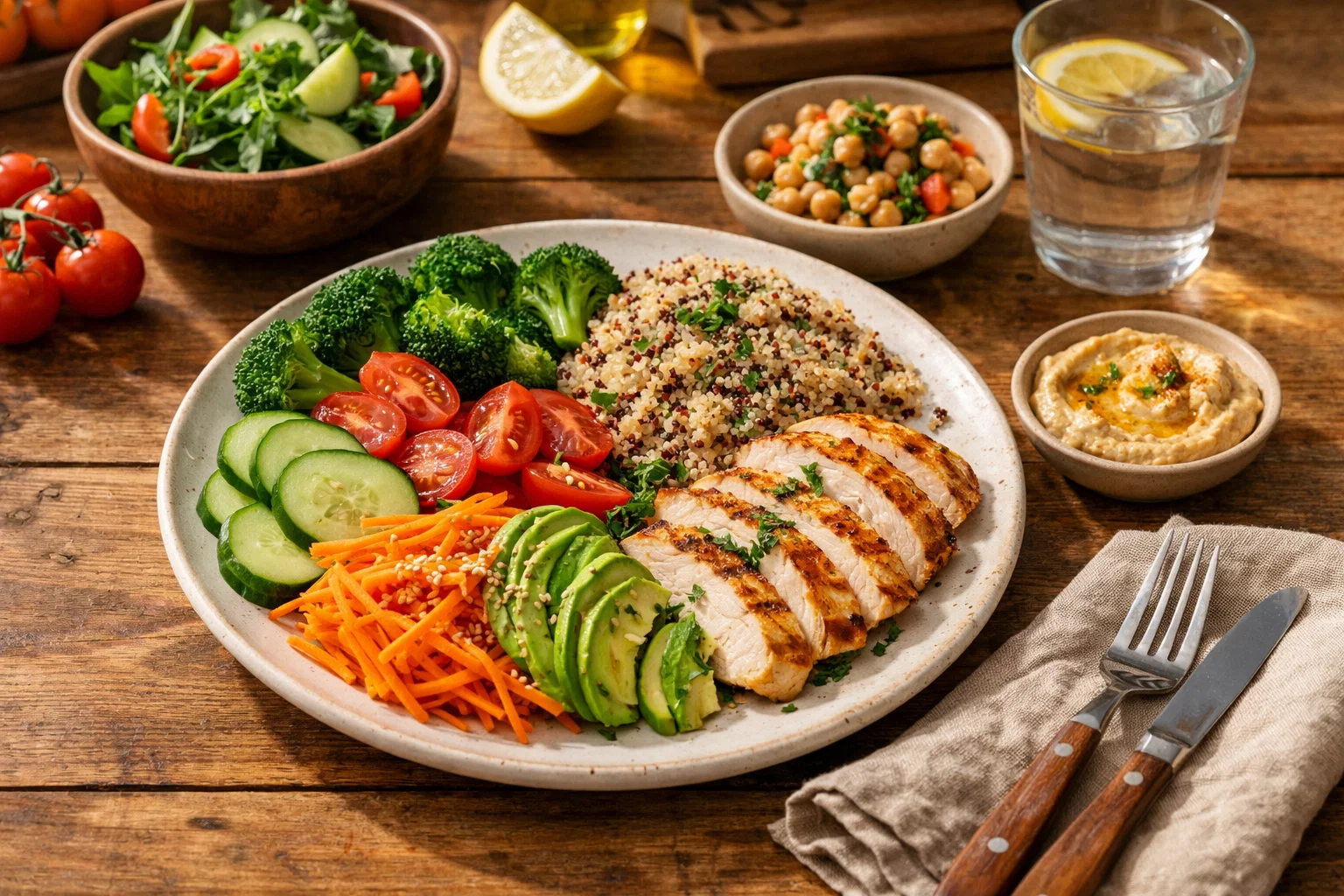 healthy home cooked meal with fresh vegetables, whole grains, lean protein on wooden table, natural lighting, warm atmosphere