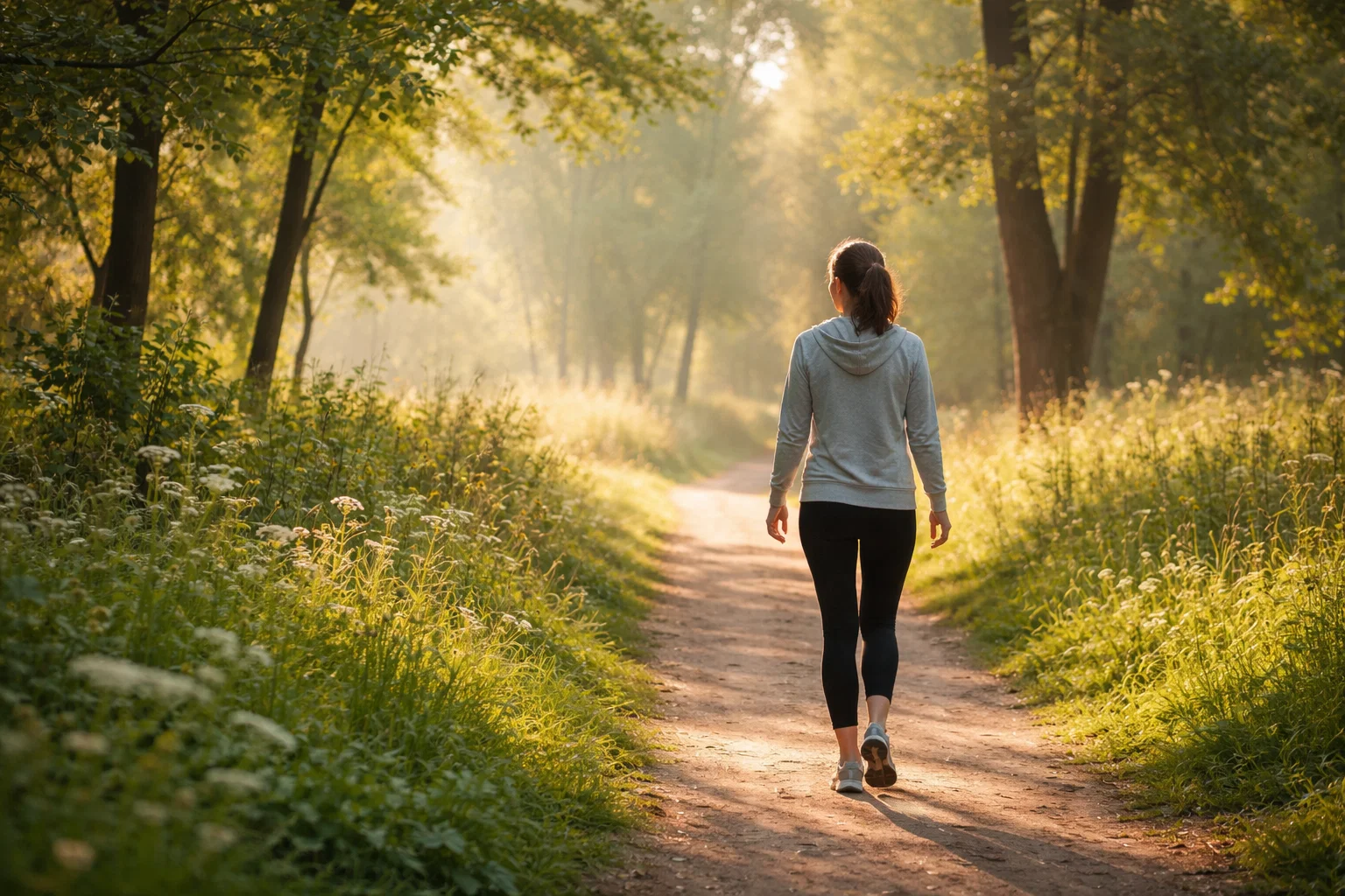 person walking in nature park, peaceful morning light, gentle exercise, healthy lifestyle concept